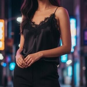 The Drop Natalie Black Lace Trimmed V Neck Satin Cami Women's Size L NWT